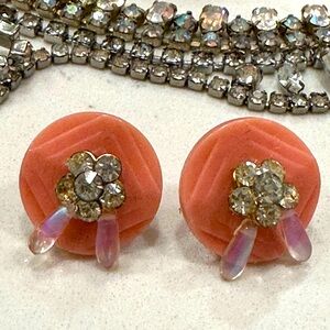 Vintage Button Earrings With Rhinestones & Czech Beads